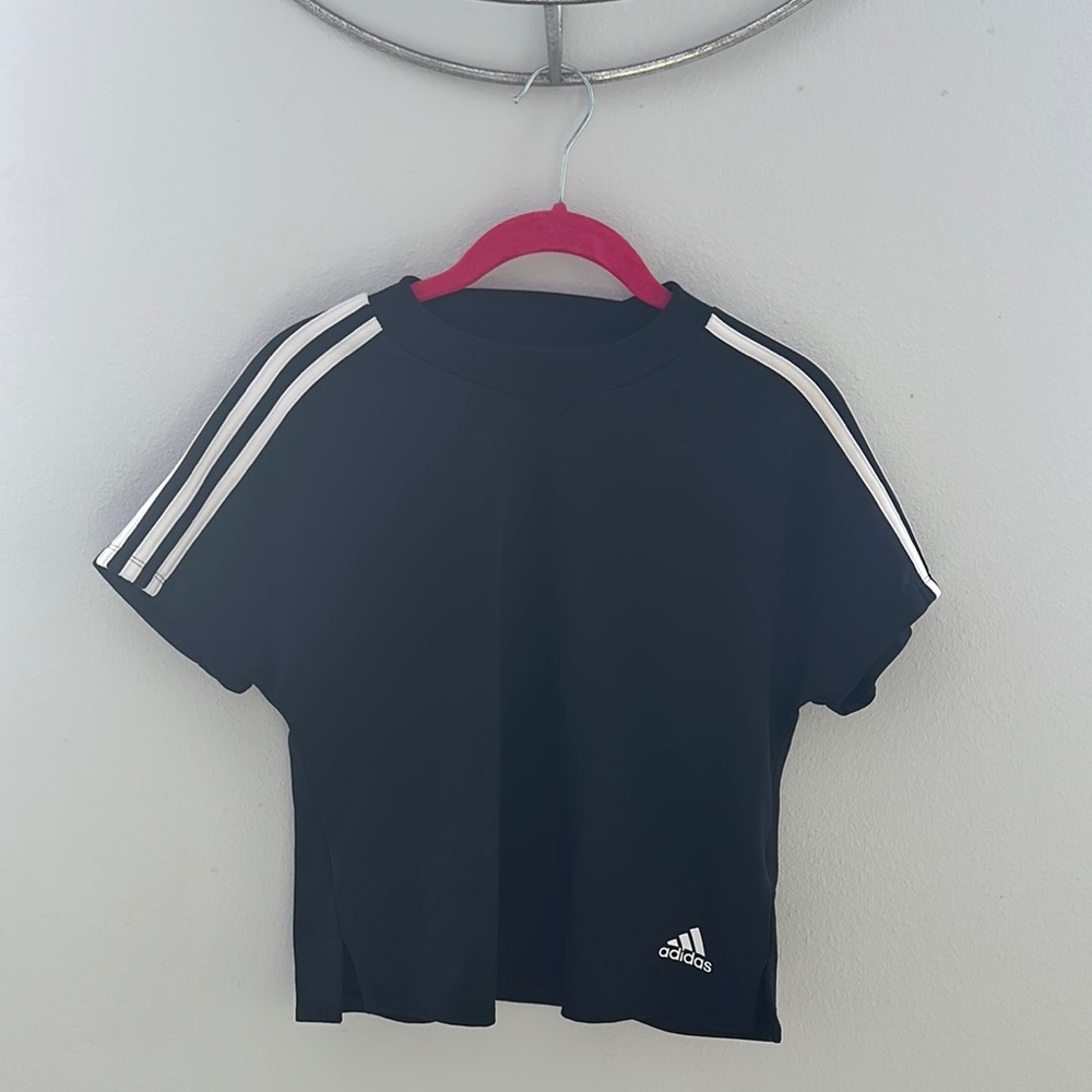 Adidas Black Crop Top with White Stripes